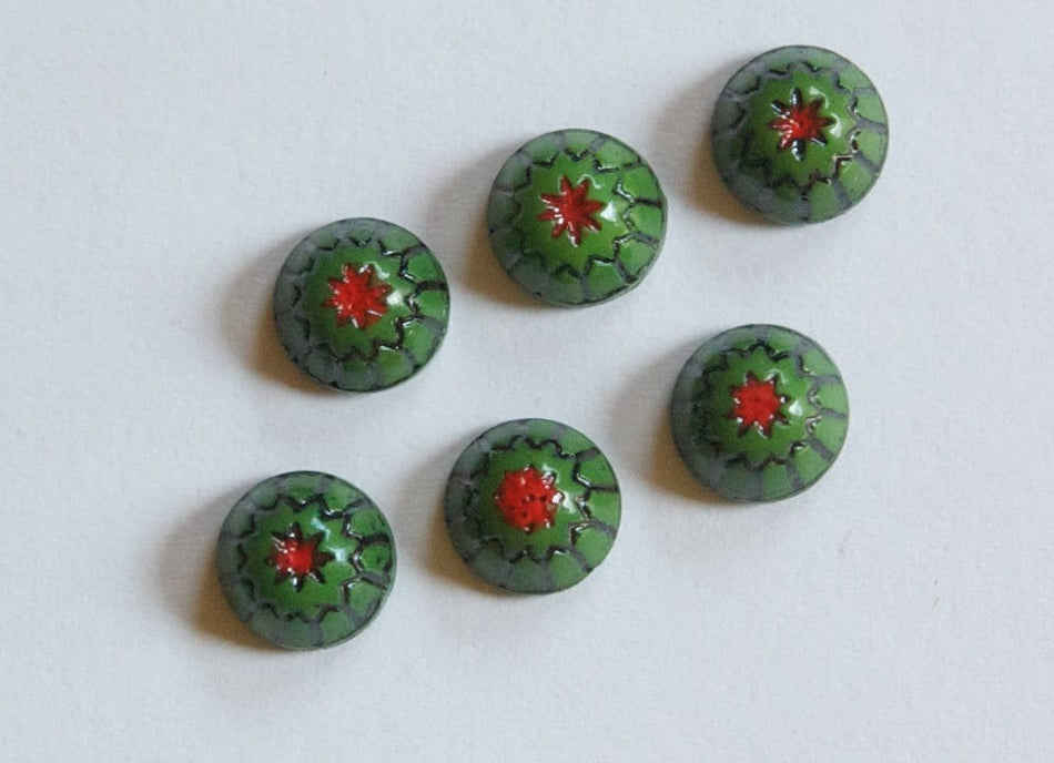 Vintage Green with Black and Red Glass Mosaic Cabochons 7mm cab067D
