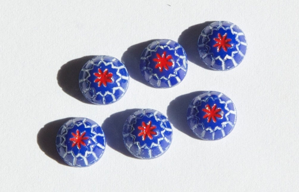 Vintage Blue with White and Red Glass Mosaic Cabochons 7mm cab067