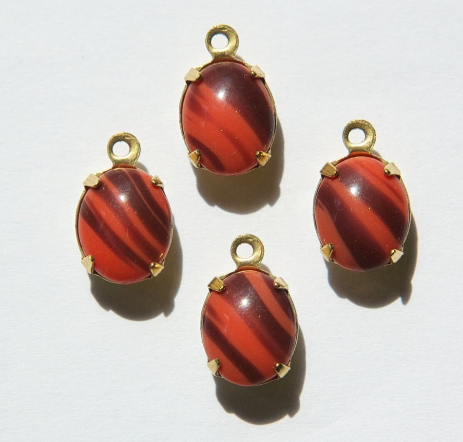 Vintage Opaque Coral and Brown Oval Stones in 1 Loop Brass Setting ovl005KK
