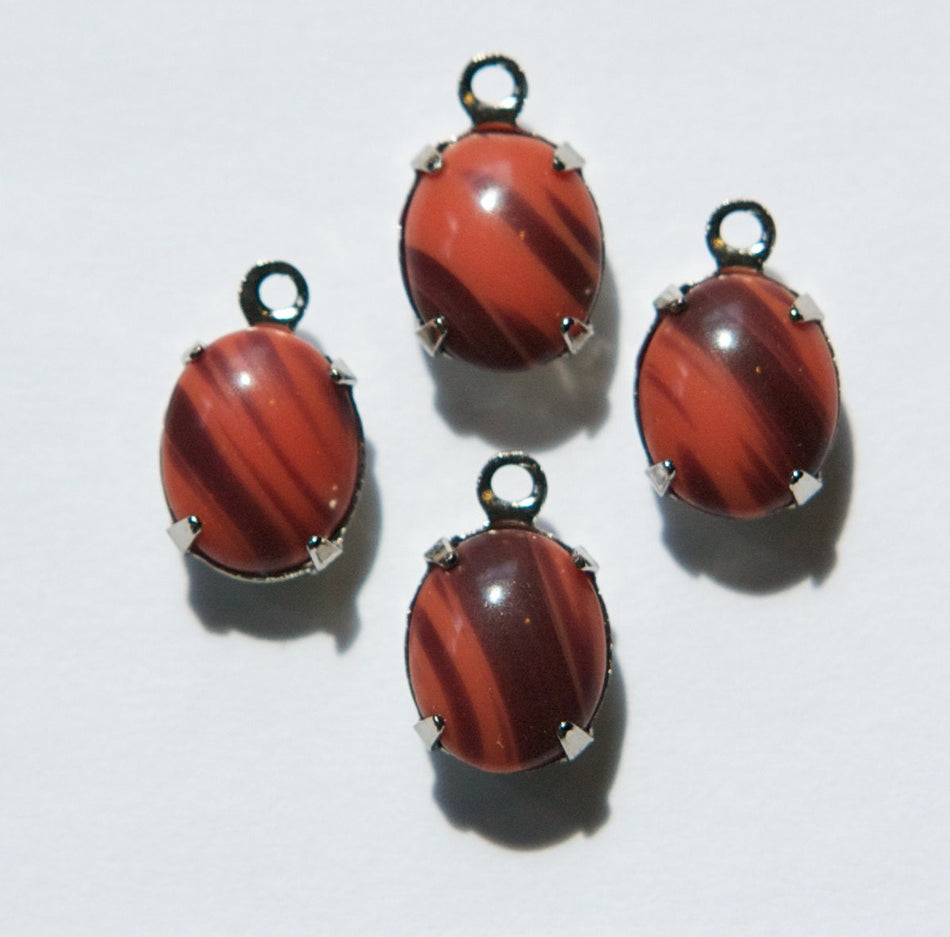 Vintage Opaque Coral and Brown Oval Stones 1 Loop Silver Plated Setting ovl006KK