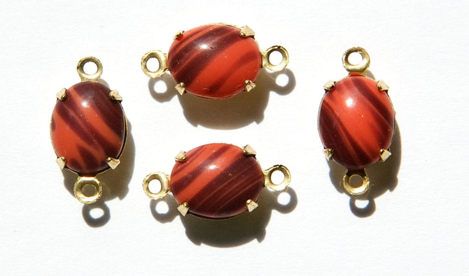Vintage Opaque Coral and Brown Oval Stones in 2 Loop Brass Setting ovl005KK2