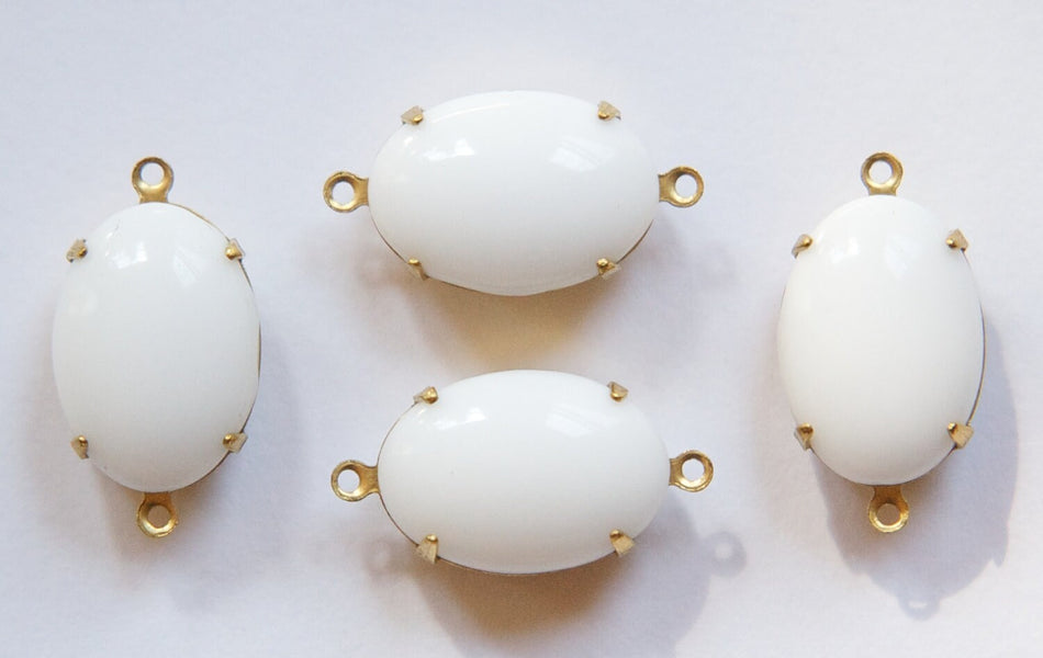 Vintage Opaque White Stone in 2 Loop Brass Setting 16x11mm ovl008E2