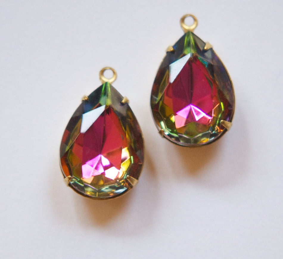 Colorful Vitrail Faceted Glass Teardrop Stones 1 Loop Brass Setting 18x13mm par004KK