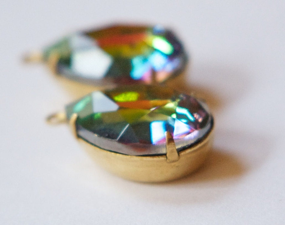 Colorful Vitrail Faceted Glass Teardrop Stones 1 Loop Brass Setting 18x13mm par004KK