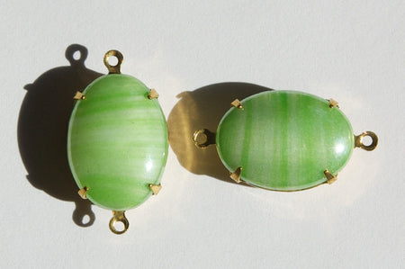 Vintage Green Striped Glass Stones in 2 Loop Brass Setting ovl003PP2