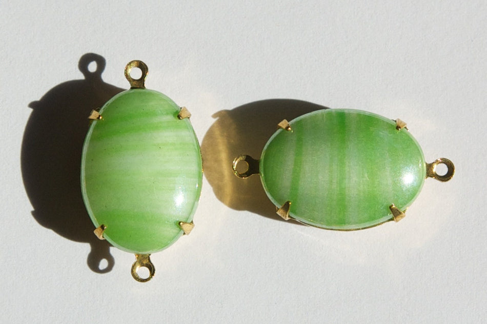 Vintage Green Striped Glass Stones in 2 Loop Brass Setting ovl003PP2
