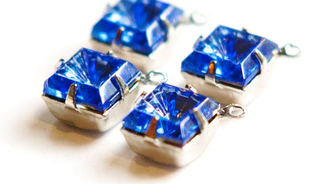 Indented Etched Sapphire Square Glass Stones 1 Loop Silver Plated Setting 8mm squ008HH