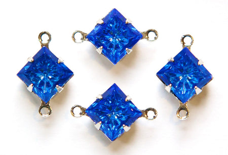 Indented Etched Sapphire Square Glass Stones 2 Loop Silver Plated Setting 8mm squ008HH2