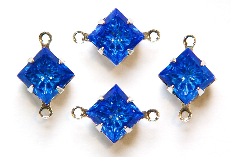 Indented Etched Sapphire Square Glass Stones 2 Loop Silver Plated Setting 8mm squ008HH2