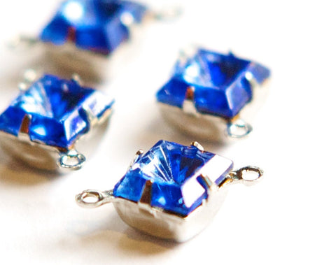 Indented Etched Sapphire Square Glass Stones 2 Loop Silver Plated Setting 8mm squ008HH2