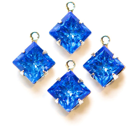Indented Etched Sapphire Square Glass Stones 1 Loop Silver Plated Setting 8mm squ008HH