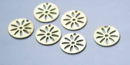 1 Hole Raw Brass Cut Out Design Circle Charm Drops (6) mtl214
