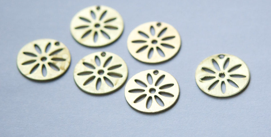 1 Hole Raw Brass Cut Out Design Circle Charm Drops (6) mtl214