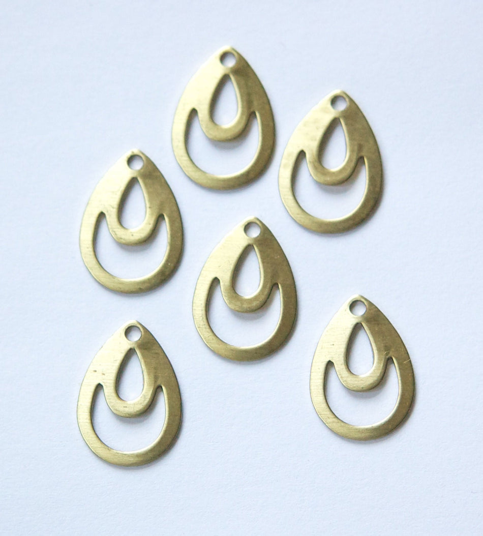 1 Hole Raw Brass Cut Out Design Teardrop Charm Drops (6) mtl214B