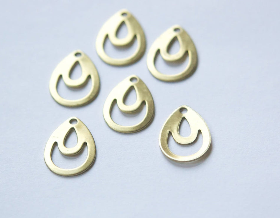 1 Hole Raw Brass Cut Out Design Teardrop Charm Drops (6) mtl214B
