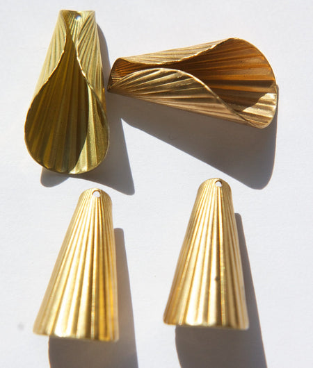 Raw Brass Ribbed Cone Pendant or Bead Cap Large 32x16mm (4) mtl027E