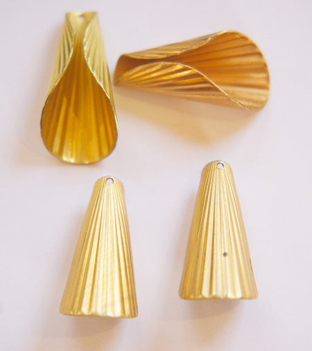 Raw Brass Ribbed Cone Pendant or Bead Cap Large 32x16mm (4) mtl027E