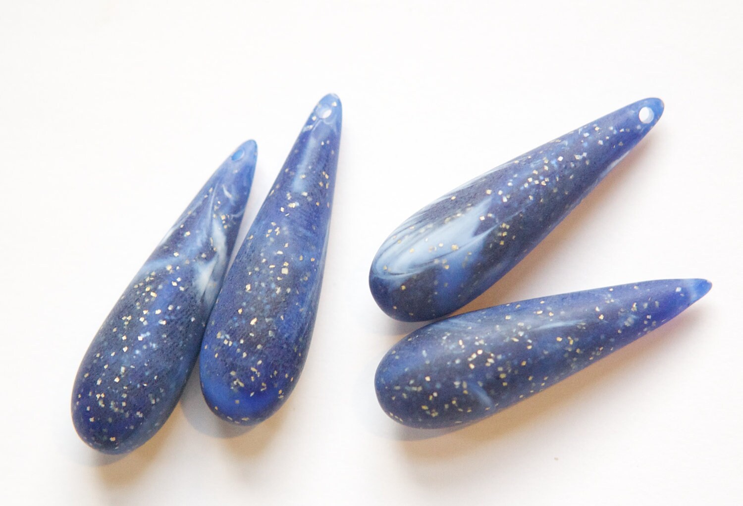 Vintage Acrylic Teardrop Beads Pendants Matte Lapis Blue White Sparkles 40x10mm (4) bds090A
