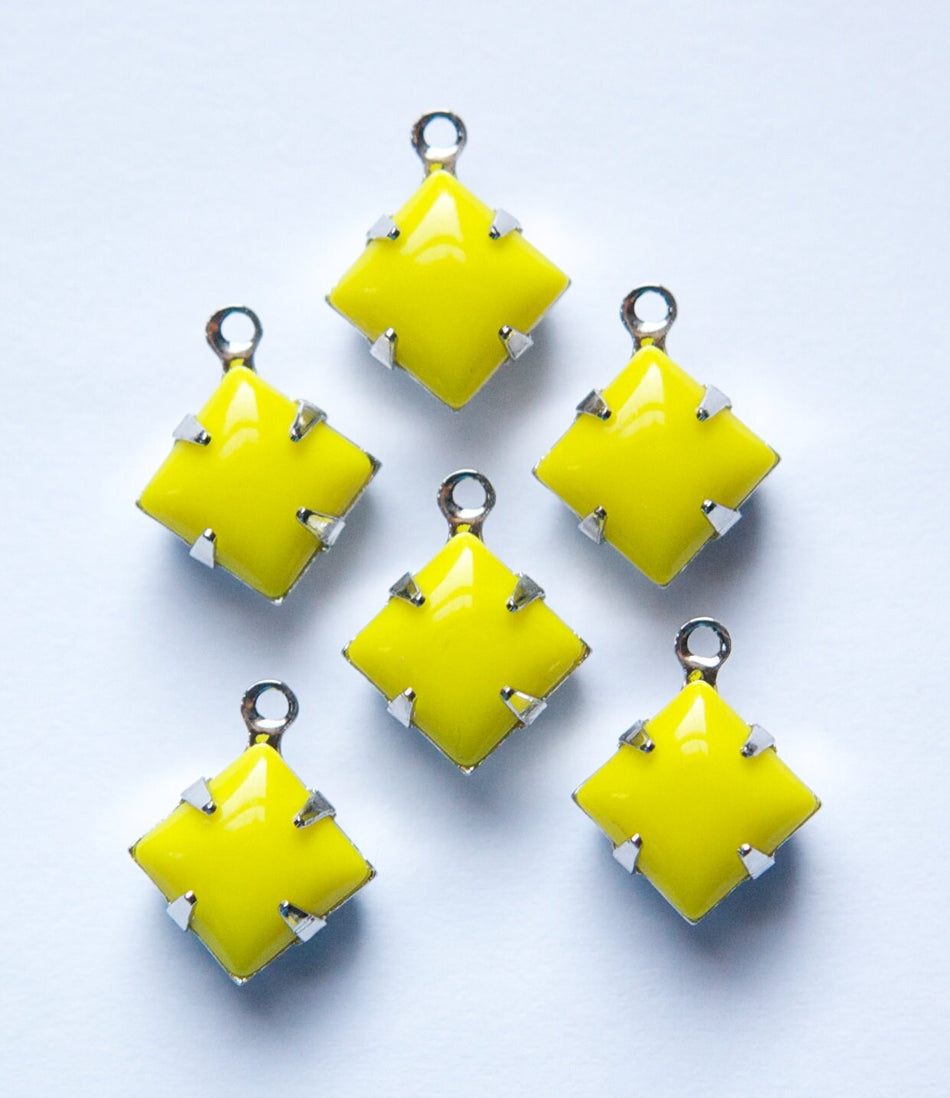 Opaque Yellow Square Glass Stones 1 Loop Silver Plated Setting 8mm squ008CC