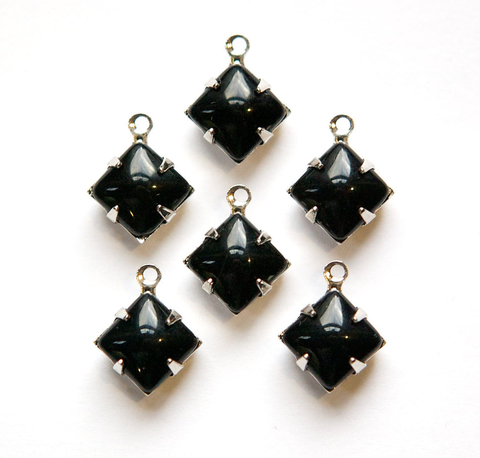 Opaque Black Square Glass Stones 1 Loop Silver Plated Setting 8mm (6) squ008KK