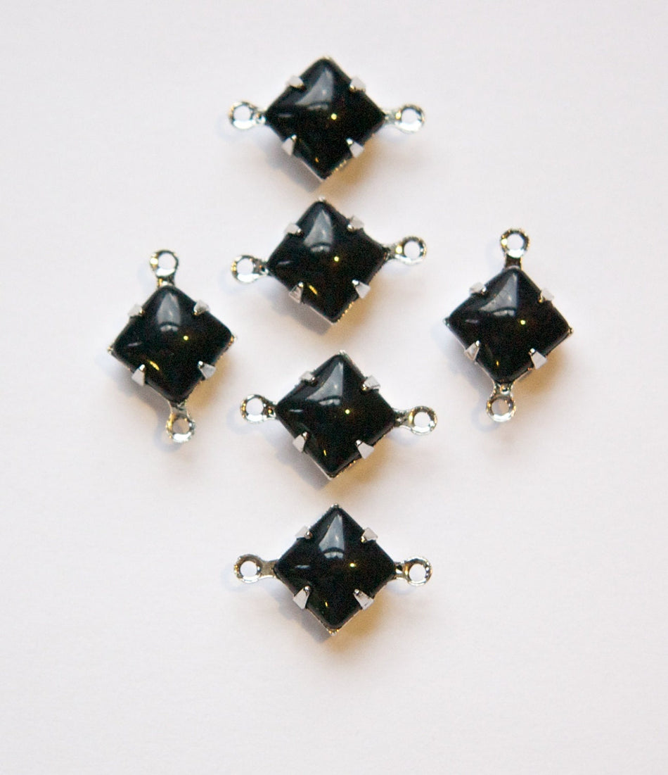 Opaque Black Square Glass Stones 2 Loop Silver Plated Setting 8mm (6) squ008KK2