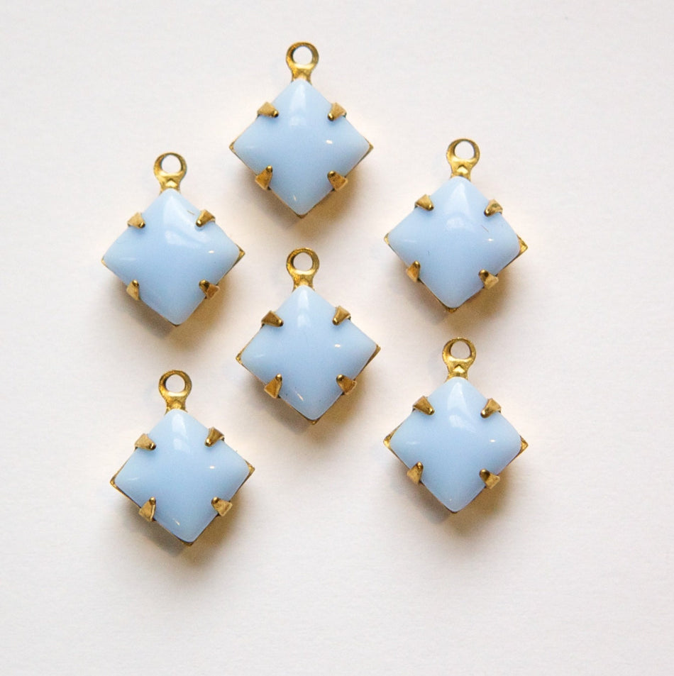 Opaque Light Blue Square Glass Stones in 1 Loop Brass Setting 8mmsqu002LL