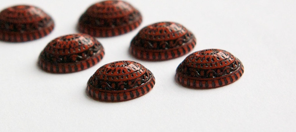 Vintage Mosaic Rust Red and Black Cabochons 14x10mm cab711D