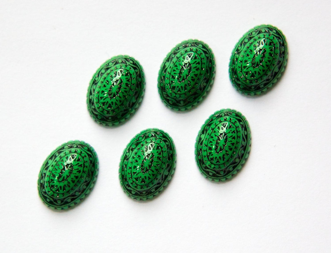 Vintage Etched Mosaic Green and Black Cabochons 14mm X 10mm cab711E