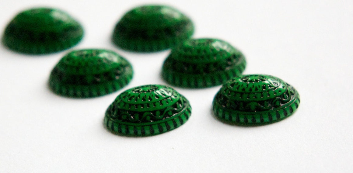 Vintage Etched Mosaic Green and Black Cabochons 14mm X 10mm cab711E