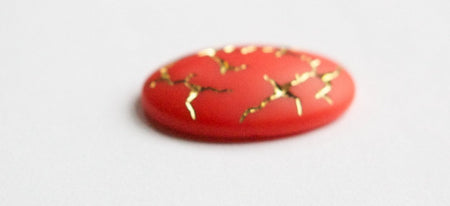 Vintage Orange Red with Gold Glass Cabochons Germany 25x18mm (1) cab453A