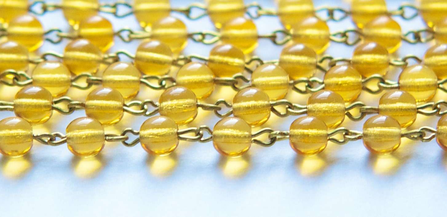 Topaz Czech Glass Beaded Chain 6mm Raw Brass Links chn138