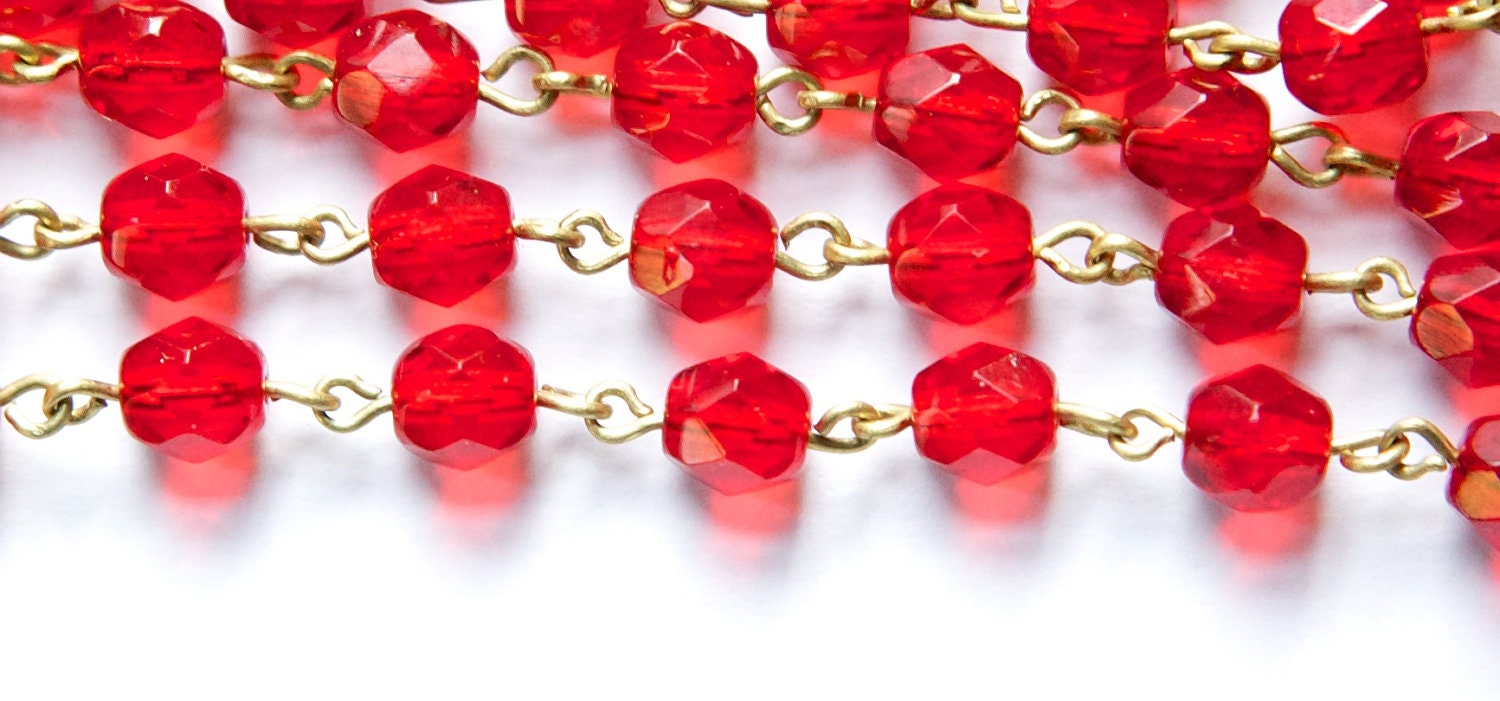 Red Faceted Czech Glass 6mm Beaded Chain Raw Brass Links chn140