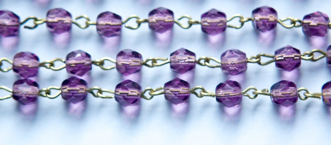 Purple Faceted Czech Glass 6mm Beaded Chain Raw Brass Links chn141