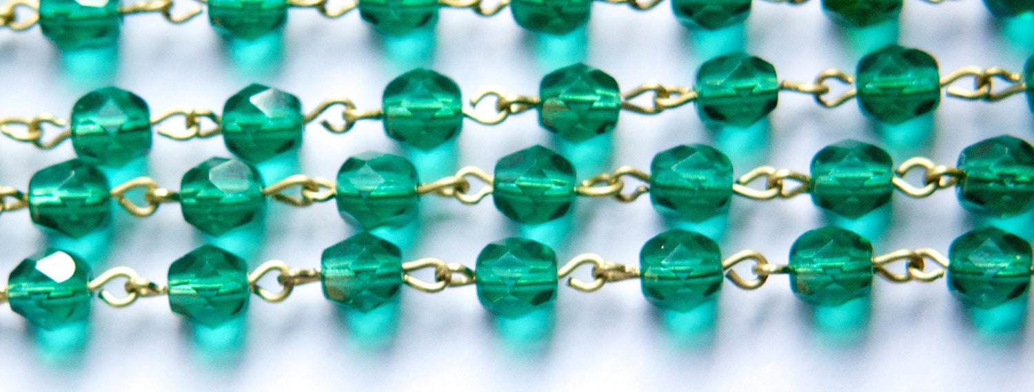 Green Faceted Czech Glass 6mm Beaded Chain Raw Brass Links chn139