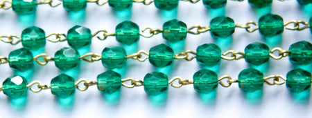 Green Faceted Czech Glass 6mm Beaded Chain Raw Brass Links chn139