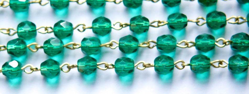 Green Faceted Czech Glass 6mm Beaded Chain Raw Brass Links chn139