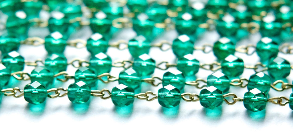 Green Faceted Czech Glass 6mm Beaded Chain Raw Brass Links chn139
