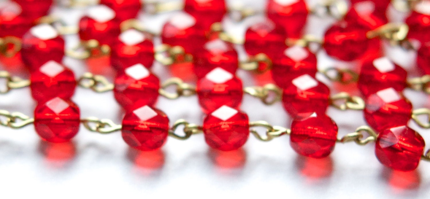 Red Faceted Czech Glass 6mm Beaded Chain Raw Brass Links chn140
