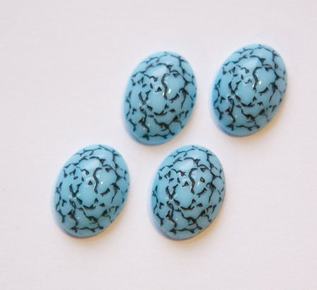 Vintage Etched Blue Glass Cabochon with Black Details 14x10mm cab412
