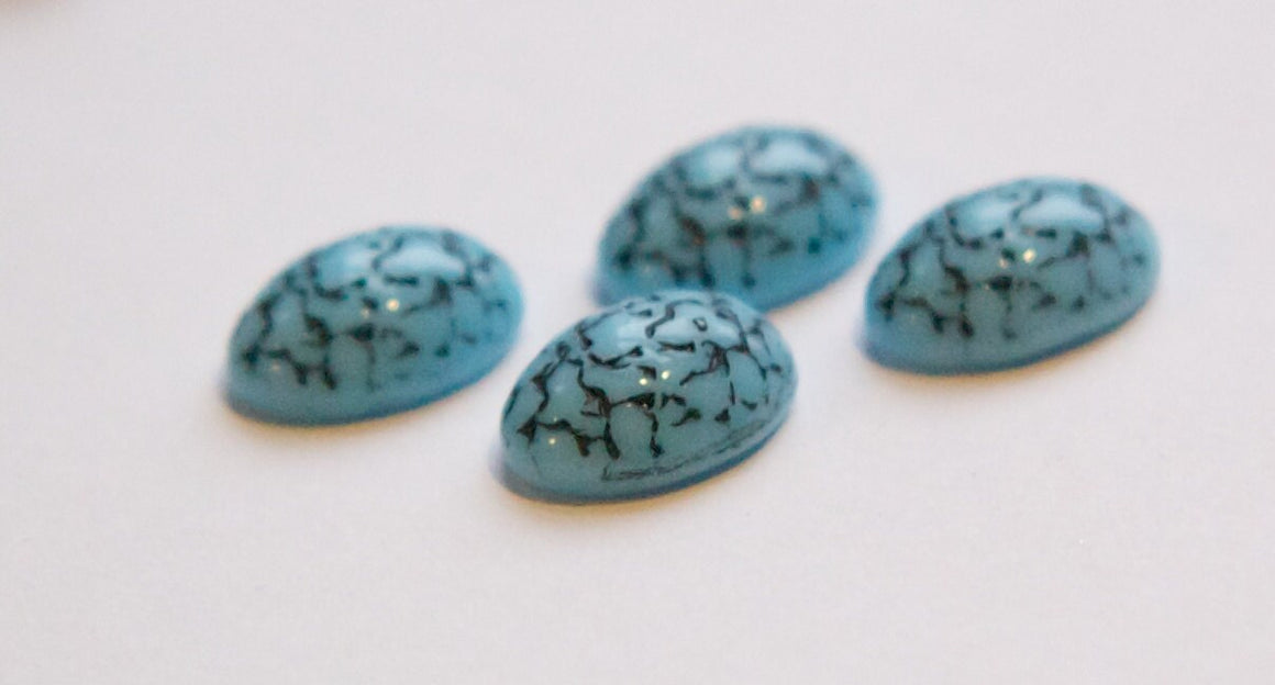 Vintage Etched Blue Glass Cabochon with Black Details 14x10mm cab412
