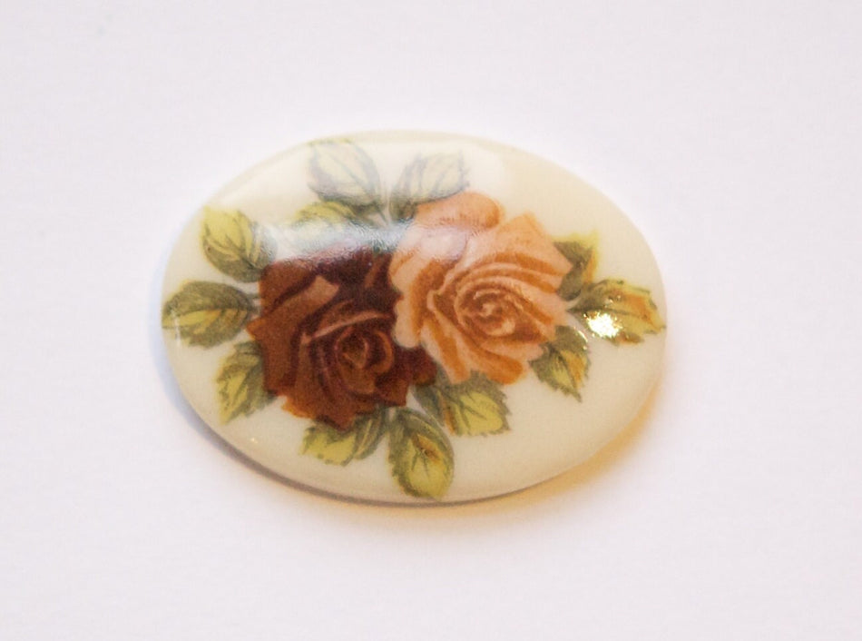 Vintage Tan Brown Rose Flower Glass Cabochon Germany 25x18mm cab257B