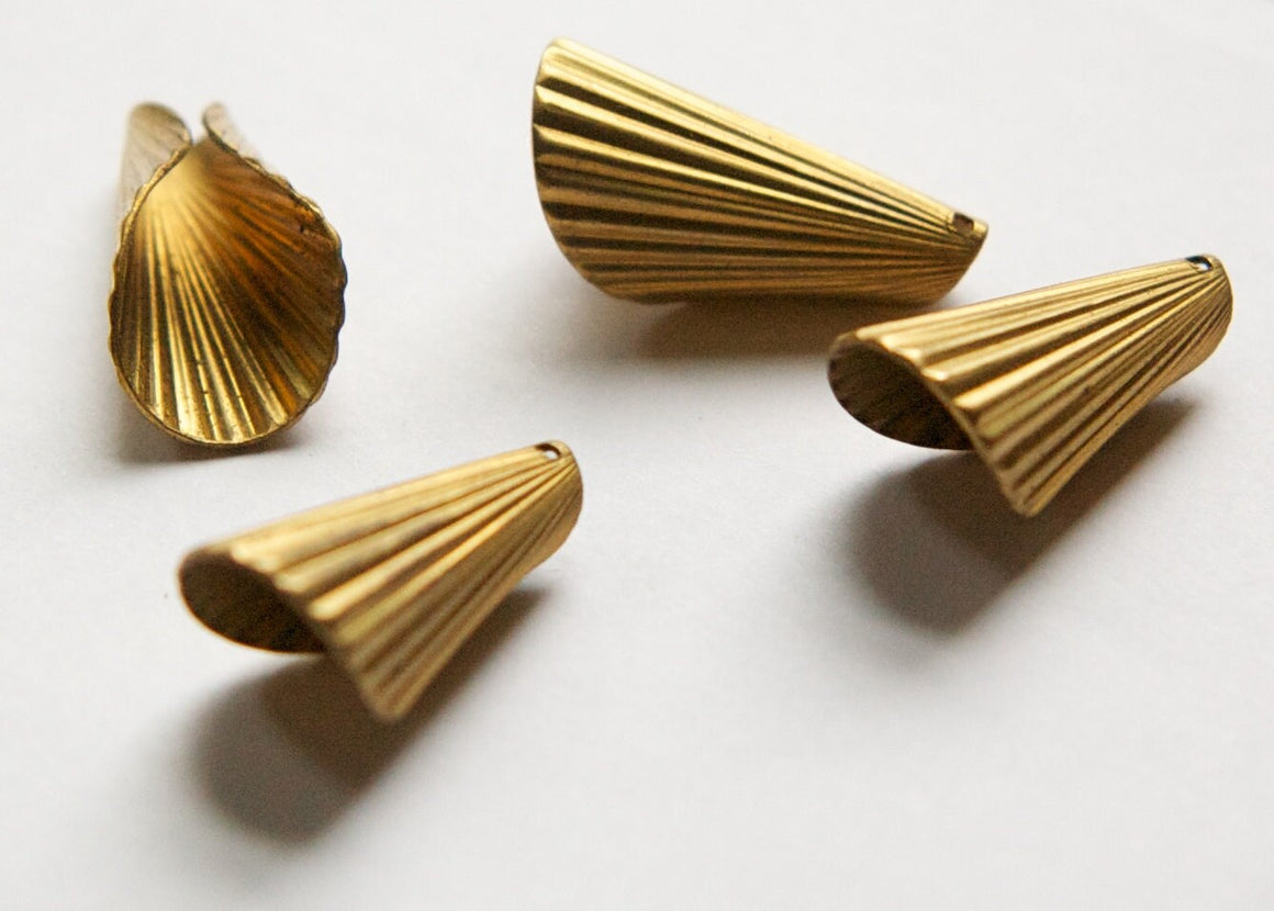 Raw Brass Ribbed Cone Pendant or Bead Cap Medium 26x12mm (4) mtl027B