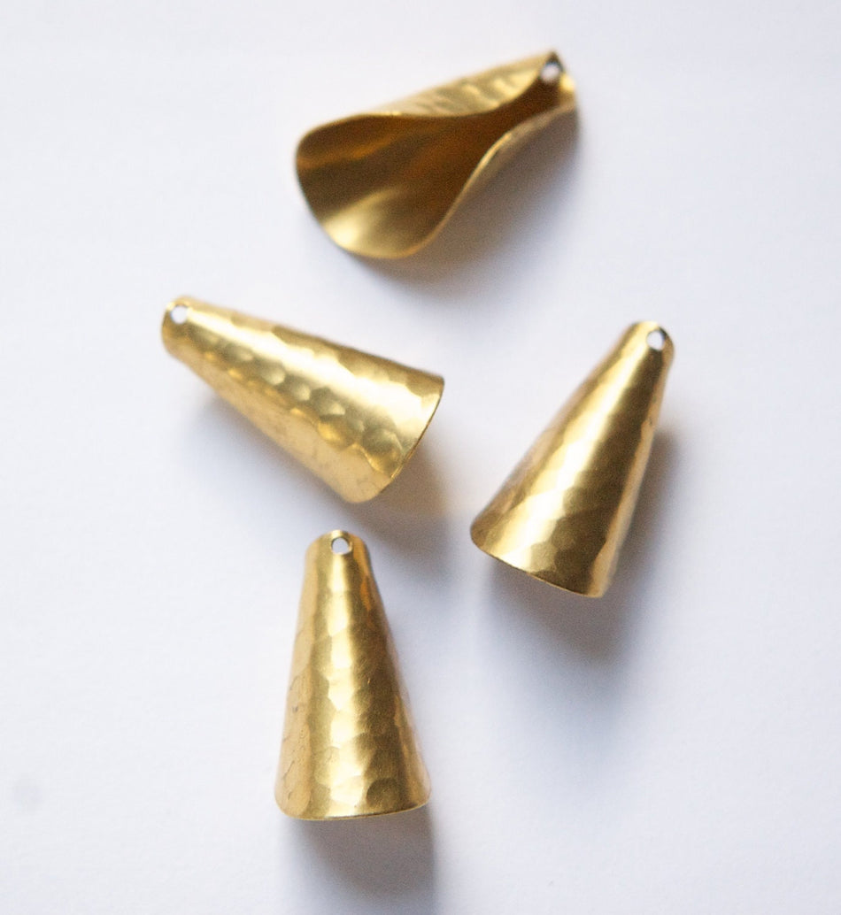 Raw Brass Hammered Cone Pendant or Bead Cap Medium 26x12mm (4) mtl027C