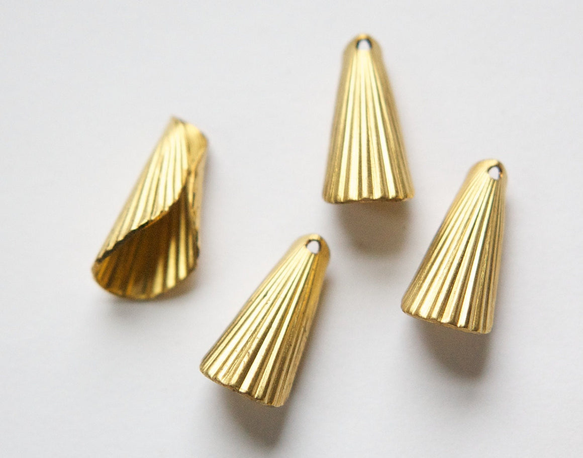 Raw Brass Ribbed Cone Pendant or Bead Cap Small 19x9mm (4) mtl027D