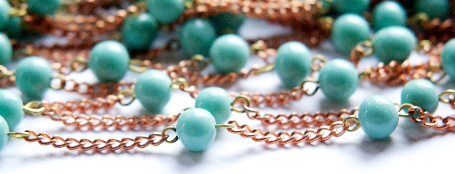 Vintage Green Turquoise Glass Beaded Chain Japan chn078