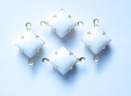 Vintage White Square Glass Stones in 2 Loop Brass Setting 10mm (4) squ010A2