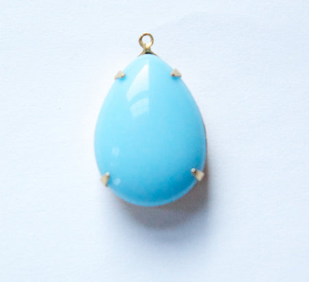 Vintage Turquoise Blue Glass Teardrop Stone 1 Loop Brass Setting 25x18mm (2) par010F