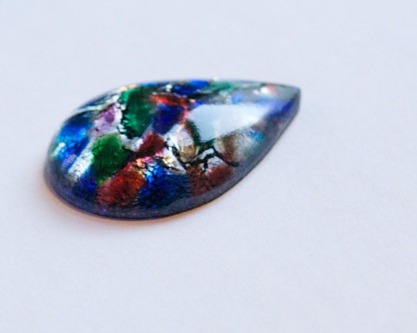 Vintage Blue and Green with Silver Opal Glass Teardrop Cabochon 30x22mm cab555J