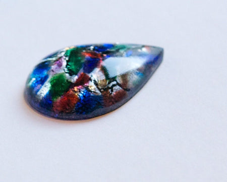Vintage Blue and Green with Silver Opal Glass Teardrop Cabochon 30x22mm cab555J