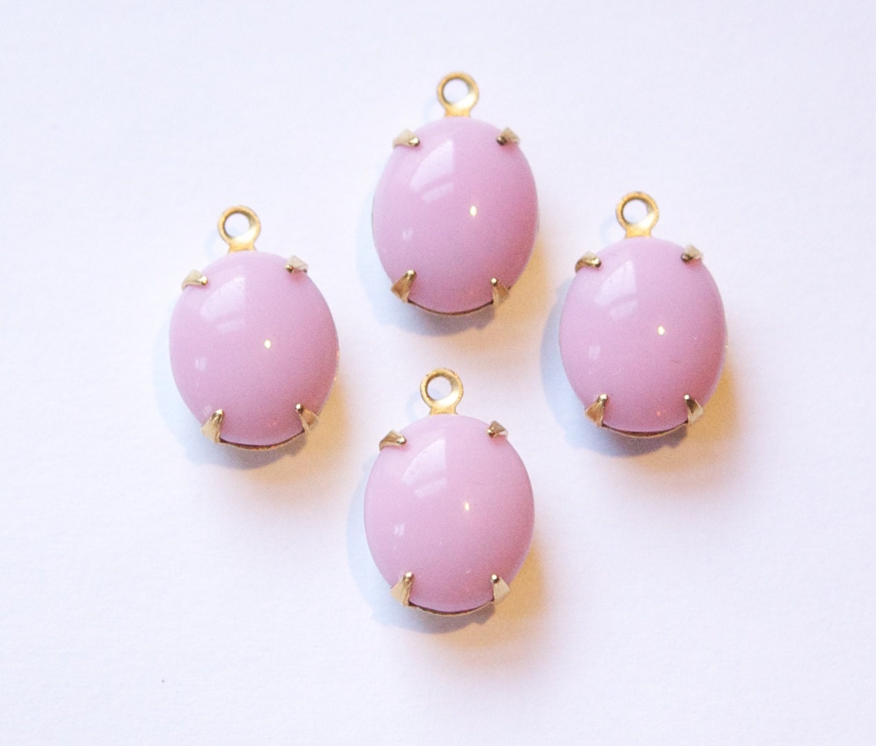 Vintage Opaque Pink Oval Stones in 1 Loop Brass Setting 12mmx10mm (4) ovl011B